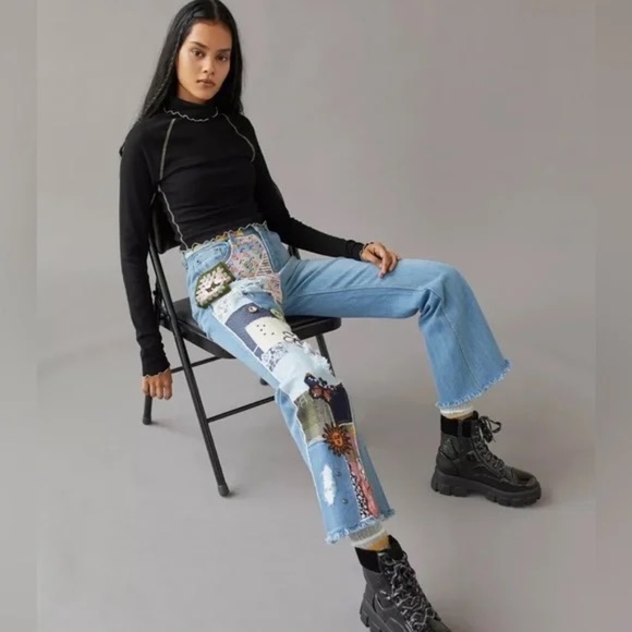 Urban Outfitters BDG Rare High Flare Patchwork Embroidered Crochet Jeans Y2K 25 - Picture 9 of 9